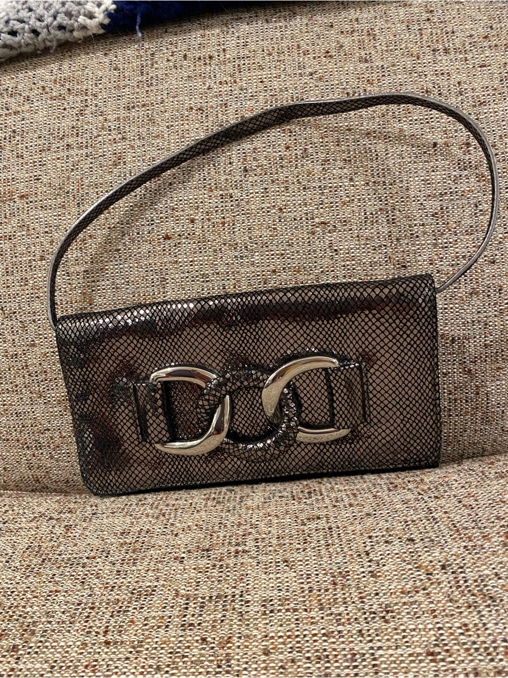 Vintage Brand New MK Black Metallic Snakeskin-Effect Clutch with Silver Buckle - Picture 15 of 16